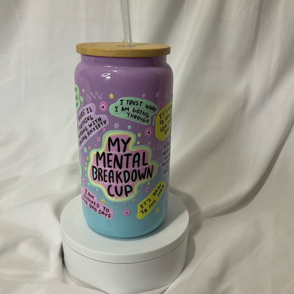 Other - 16 Ounce Handmade Shimmer Purple/Blue Glass Can Cup My Mental Breakdown Cup